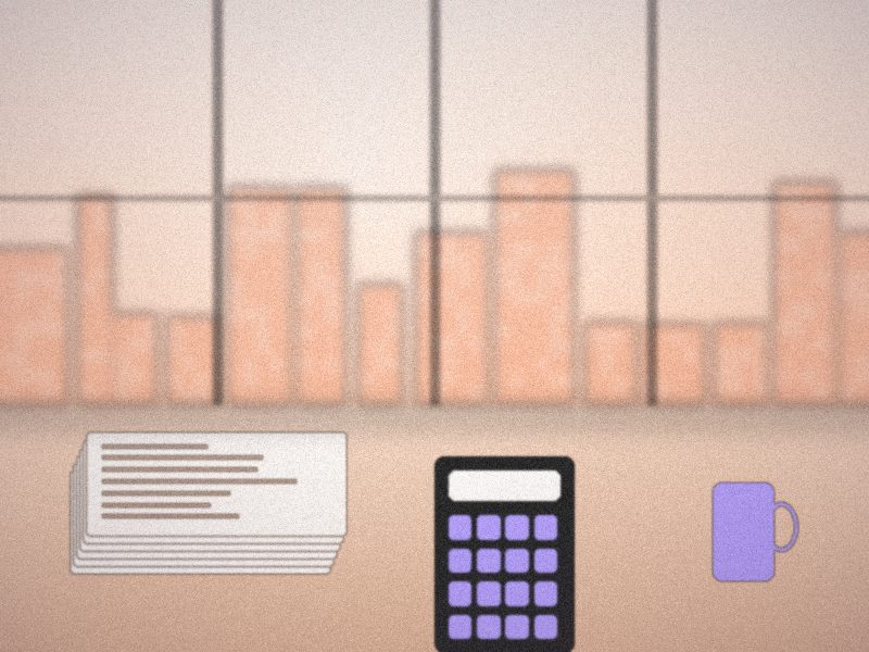 Calculatrice, pile de documents et tasse sur un bureau aux tons pêche